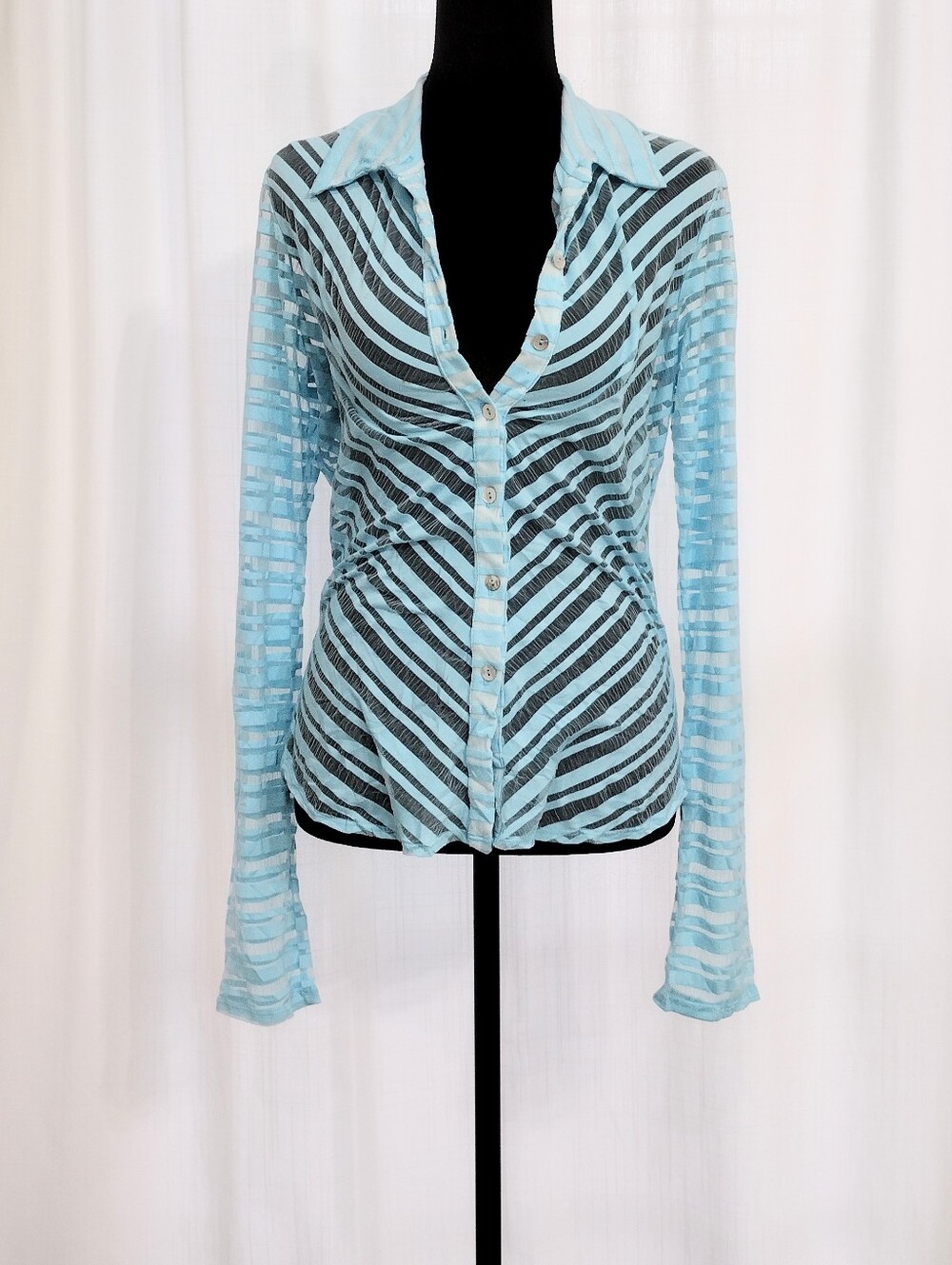 Maria Moreno Light Blue Sheer Striped Button-Down Women's Top